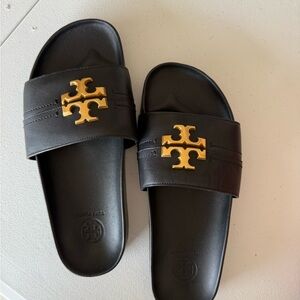 Tory Burch Black Leather Slide Sandals with Gold Logo Accent